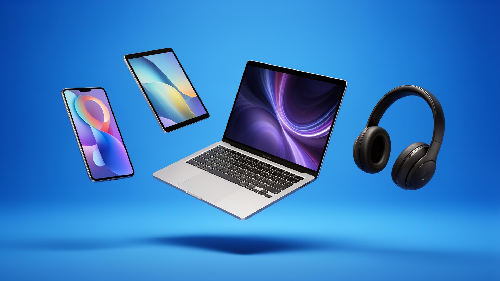 Refurbished smartphones and devices floating in blue atmosphere